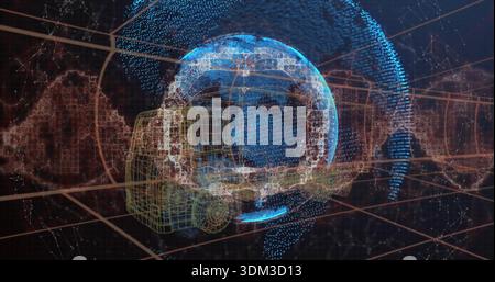 Projecting dotted holographic globe with wireframe vehicle cab rotating over 3D grid floor, nodes Stock Photo