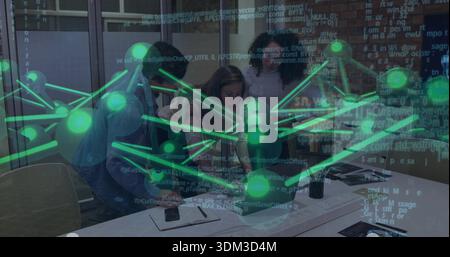Discussing three colleagues in shirts leaning at table in office with laptop, green 3D network Stock Photo