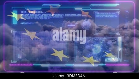 Displaying translucent HUD overlay over cloud tops, showing magenta border, data panels, stars Stock Photo