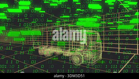 Displaying wireframe semi-truck and trailer centered in 3D sim with binary digits and green blocks Stock Photo