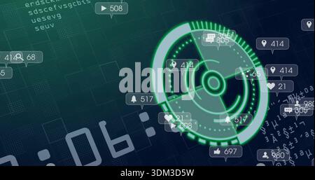 Rotating neon-green radar HUD scanning digital dashboard, with floating icon badges, copy space Stock Photo