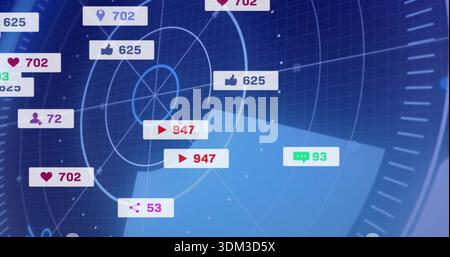 Displaying radar-style analytics dashboard pulsing on screen, with sweeping radar arc and badges Stock Photo