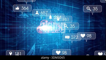 Glowing cloud icon emitting blue-pink burst in virtual grid, with notification bubbles and counters Stock Photo