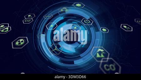 Rotating central holographic dashboard displaying energy and environment hex icons in virtual HUD Stock Photo