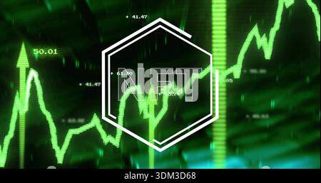 Displaying white hexagon NFT emblem overlaying dark crypto dashboard, neon green line chart Stock Photo