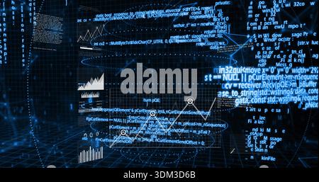 Displaying central holographic analytics dashboard in virtual cyberspace, with data panels, marker Stock Photo