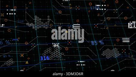 Displaying central data cluster in virtual dashboard, linking hexagonal cells with numeric overlays Stock Photo