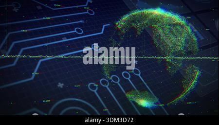 Rotating RGB point-cloud globe hovering on dark grid plane, showing circuit traces, labels Stock Photo