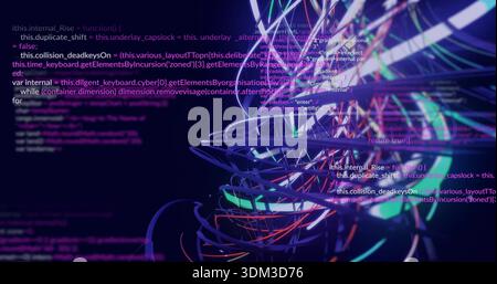 Glowing cluster pulsing in 3D void, showing neon filaments, wireframe loops and floating code Stock Photo