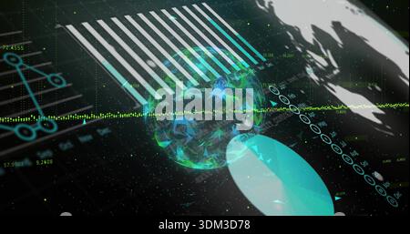 Rotating holographic low-poly globe pulsing in virtual 3D analytics space, with green waveform Stock Photo
