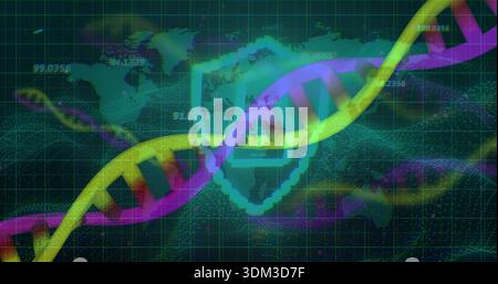 Displaying twin DNA helices twisting across digital GUI at data hub, showing pixelated shield icon Stock Photo