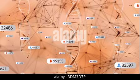 Displaying central DNA helix rotating in virtual biotech visualization, with data badges, nodes Stock Photo