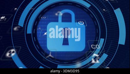 Displaying central blue padlock glowing in navy security dashboard with HUD rings and binary Stock Photo
