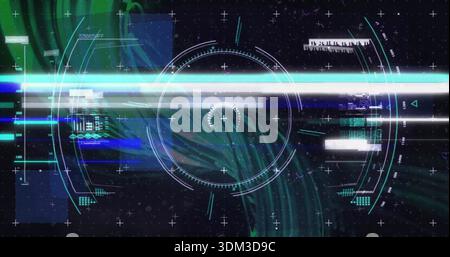 Pulsing central circular HUD reticle scanning virtual cockpit, with scanline, panels, grid, glyphs Stock Photo