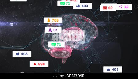 Floating hologram wireframe brain in cyberspace showing notification icons with counters and mesh Stock Photo