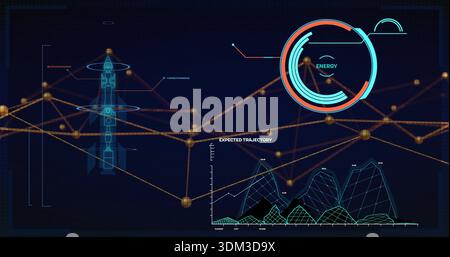 Displaying futuristic HUD showing data on mission console with rocket wireframe and energy gauge Stock Photo