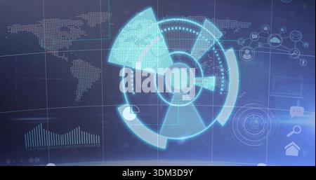 Projecting holographic circular interface rotating rings over console, showing world map and icons Stock Photo