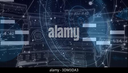 Displaying circular HUD centering on screen, showing radar rings, progress bars, wireframe stacks Stock Photo