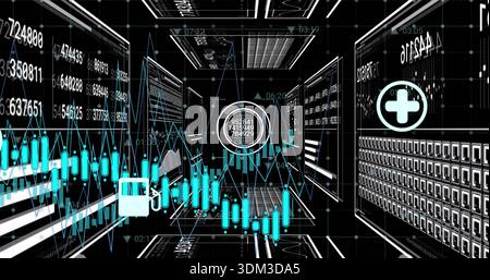 Displaying central analytics in server corridor, featuring candlestick line graph, HUD, racks Stock Photo