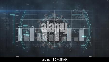 Displaying central wireframe sphere rotating on dark grid dashboard, showing HUD rings and charts Stock Photo