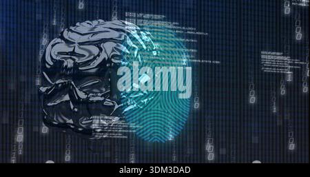 Glowing metallic brain showing cyan fingerprint hologram in cyberspace with binary code Stock Photo