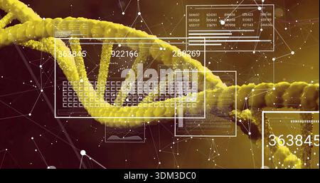 Displaying yellow double-helix across virtual genomics UI, showing numeric readouts and matrix Stock Photo