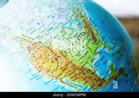 Detailed close-up of a globe showing North America, highlighting the United States. Stock Photo