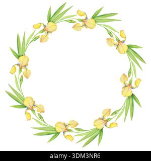 Yellow irises, beautiful delicate wreath of flowers and leaves, watercolor illustration . Stock Vector