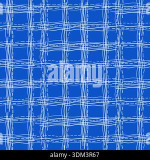Abstract checkered graphic seamless pattern. White intersecting wavy lines on blue background. Minimalist texture vector background. Geometric criss-c Stock Vector