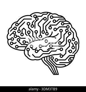 AI Digital Brain with Circuit Board Lines for Machine Learning Concept. Editable Stroke. Stock Vector