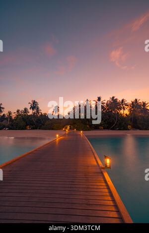 Breathtaking Maldives sunset romantic colors over tropical ocean pier, palm trees idyllic summer travel destination serene island paradise background Stock Photo