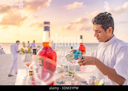 Fun happy beach bar closeup bartender mixing cocktails sunset ocean view vibrant optimism cloud dancer color trend slow travel Stock Photo