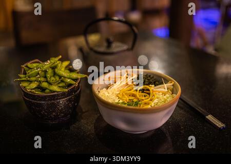 Luxury food background noodles soup in top Asian restaurant elegant gourmet cuisine premium dining experience Stock Photo