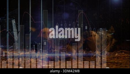 Displaying financial chart overlay covering nighttime skyline with bars, candlesticks, red line Stock Photo