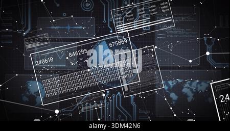 Displaying floating data panels in digital dashboard, showing keyboard, blue pie chart, code Stock Photo