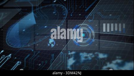 Displaying circular radar HUD rotating with rings on VR dashboard, showing globe, bars, line, grid Stock Photo