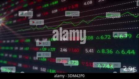 Displaying market dashboard on dark trading screen, showing tickers, green line, reaction bubbles Stock Photo
