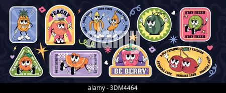 Set of groovy fruit characters in retro style. Cartoon cute summer stickers, funky comic doodle cherry, banana, peach, watermelon, orange with expressive faces. Trendy label collection of healthy food Stock Vector