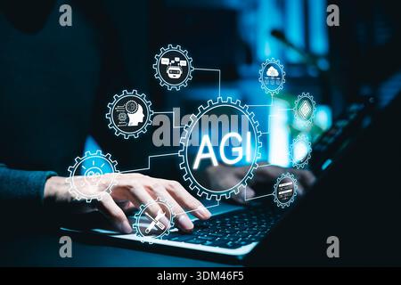 Artificial general intelligence concept. AGI system connected to multiple technologies, symbolizing advanced AI automation, machine learning, Stock Photo