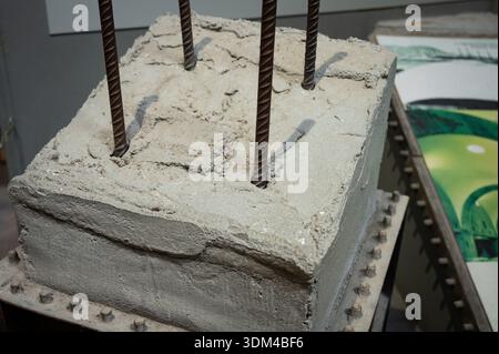 Close-up of a concrete block demonstration model showing ribbed steel reinforcing bars (rebar) used for tensile strength in construction and engineeri Stock Photo