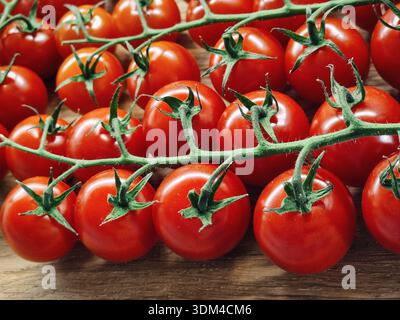 Fresh cherry tomatoes on a rustic wooden surface. A vibrant, close-up of multiple clusters of bright red cherry tomatoes still attached to their vines. Stock Photo