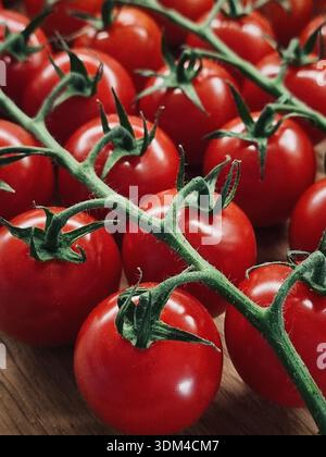 Fresh cherry tomatoes on a rustic wooden surface. Dark toned macro close-up of multiple clusters of bright red cherry tomatoes still attached to vines Stock Photo