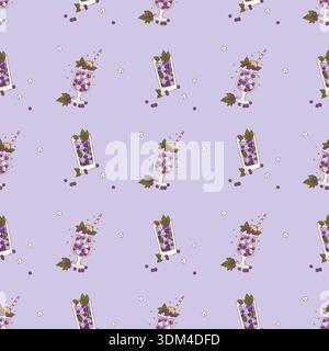 Summer Drink Blackcurrant Seamless Pattern. Seasonal Berries Cocktails, Mint, Lemon and Ice Cubes in glass with straw on Purple Background. Craft Blac Stock Vector