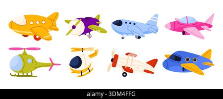 Colorful cartoon airplanes and helicopters for kids aviation design, cute toy aircraft collection for children posters, games, and educational transport graphics, isolated on white background vector illustration Stock Vector