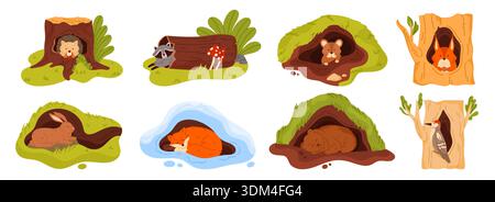 Adorable animals nestled in burrows and tree hollows, showcasing a variety of wildlife habitats in a charming forest setting isolated on white background vector illustration Stock Vector