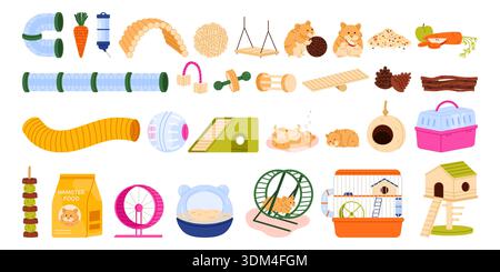 Hamster set with cages, tunnels, wheels, food, treats, bedding, toys and sleeping pets for small animal care and pet shop design isolated on white background vector illustration Stock Vector