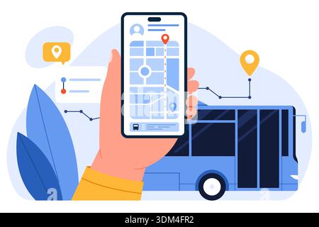 Hand holding smartphone with bus tracking map, route pins, and city bus in background, representing smart public transport management and real-time navigation system vector illustration Stock Vector