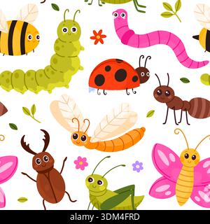 Colorful seamless pattern featuring adorable cartoon insects like bees, caterpillars, ladybugs isolated on white background vector illustration Stock Vector