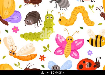 Seamless pattern with colorful cartoon insects like butterflies, bees, caterpillars, surrounded by flowers and leaves isolated on white background vector illustration Stock Vector