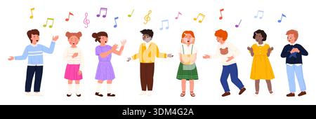Group of diverse kids singing together in a cheerful school choir, performing music with joy and friendship, musical notes above, isolated on white background vector illustration Stock Vector